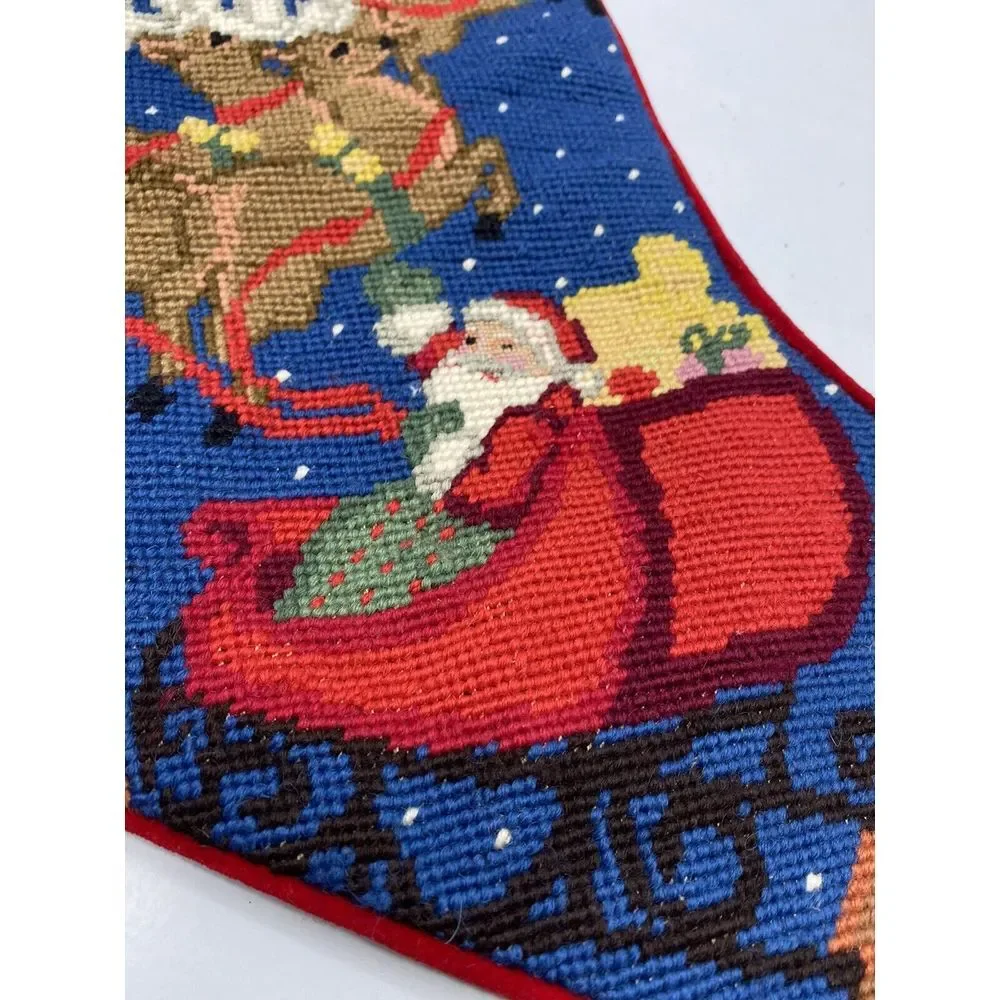 Vtg Stocking Santa Reindeer Needlework Pattern Velvety Back Christmas H9‎